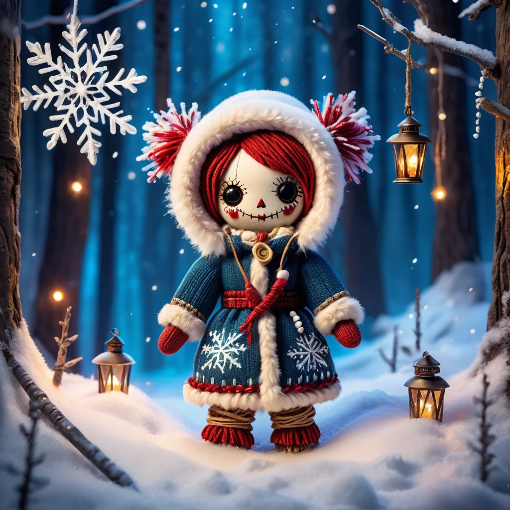 (knitted toy voodoo doll:1.5), (Voodoo Doll in a Snowy Forest:1.3), (Clothing: warm winter attire with fur-lined hood and snowflake patterns:1.0), (Accessories: enchanted lantern emitting warm light, floating snowflakes:1.1), (background: enchanting snow-covered forest with sparkling icicles, softly falling snow, and mysterious shadows:1.2), best quality, masterpiece, detailed soft oil painting, detailed background, dramatic cinematic lighting, soft edge lighting, professional, dramatic lighting, hard edge lighting, ultra quality, 4k, masterpiece, best quality, 8k, ultra high definition, high resolution, extremely detailed