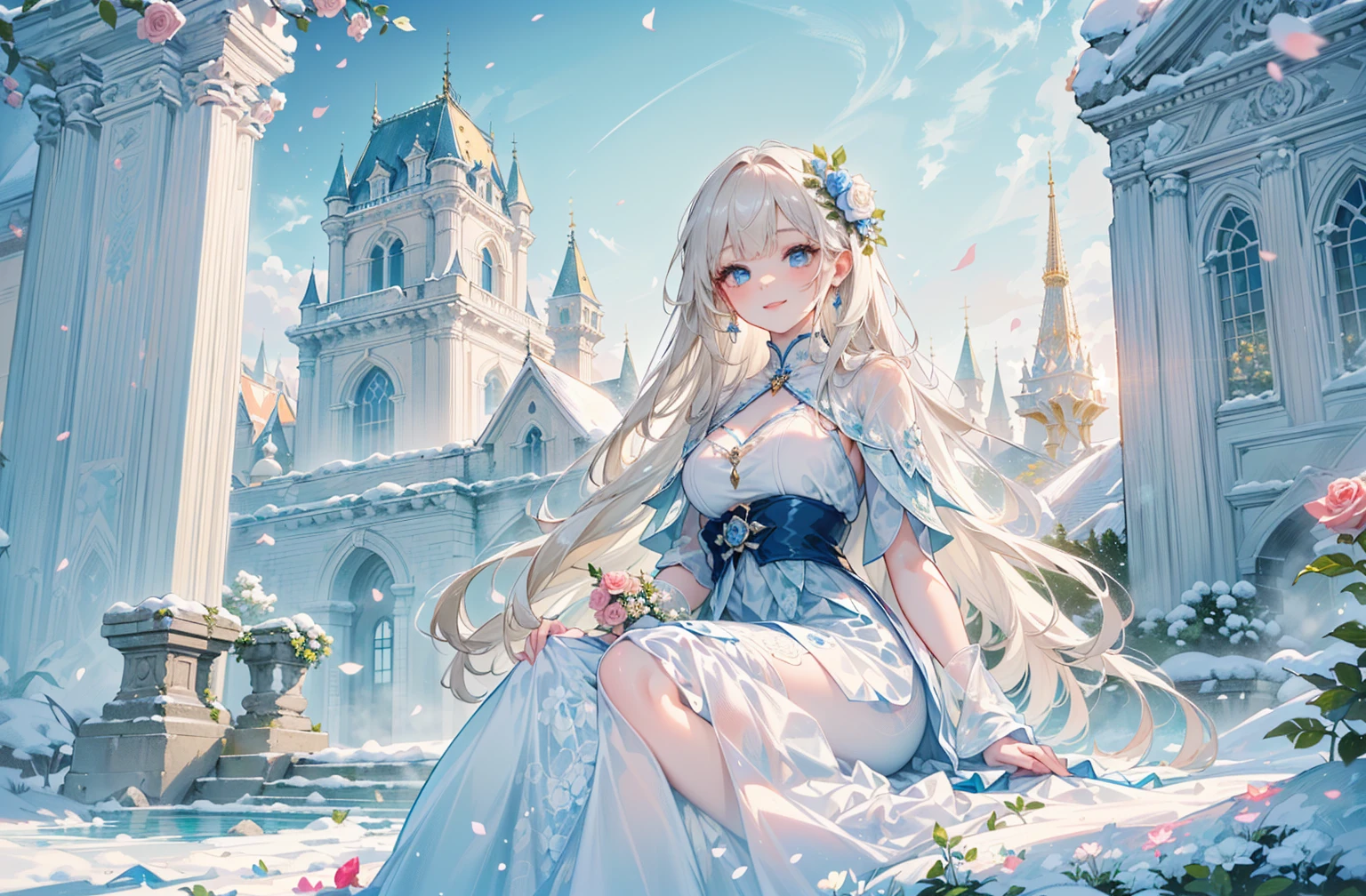((best quality，masterpiece，Extremely complex and exquisite details，There is only one beautiful girl with long white straight hair and blue eyes，Smile，long skirt))，(Exquisite light blue and white clothing，Beautiful bright and exquisite ancient style white castle architectural background)，(correct ???????，exquisite face)，(Exquisite fantasy dream style，Snow，Falling Flowers，Rose，The great outdoors)，Sitting
