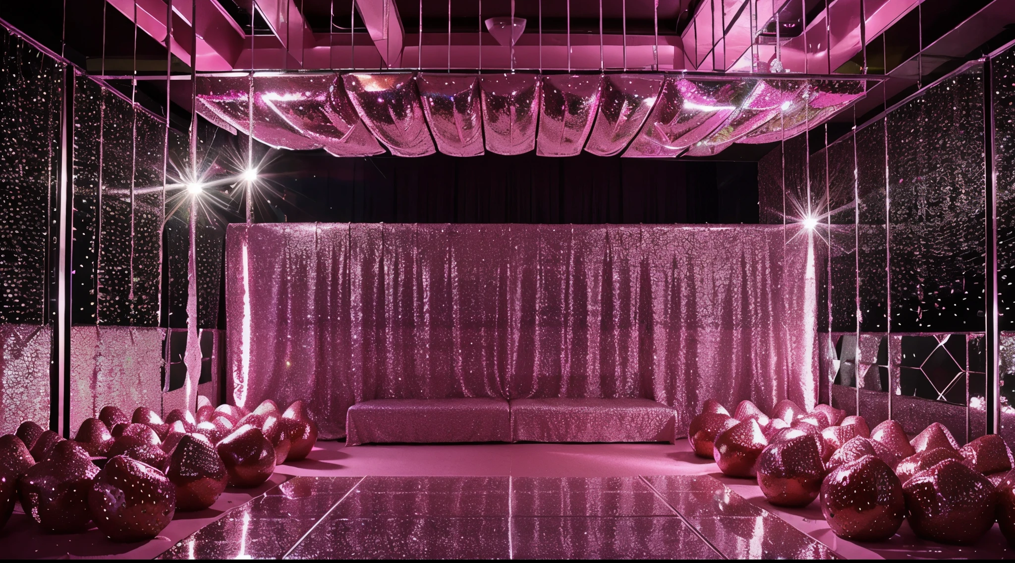 Decorating a party with pink colors, use of neon lights, strawberries, mirror balls, shiny curtain elements, glitter, large mirrors, creating a fun, fashionable and memorable environment