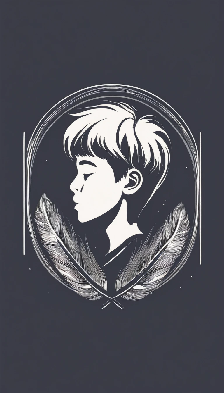 A minimal, modern, simple, cinematic logo design e of a boy with a head full of feathers for the brand “Penamemoria" .