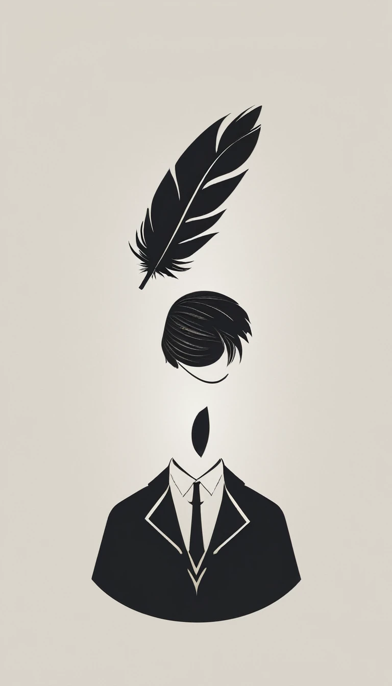 A minimal, modern, simple, cinematic logo design e of a boy with a head full of feathers for the brand “Penamemoria" .
