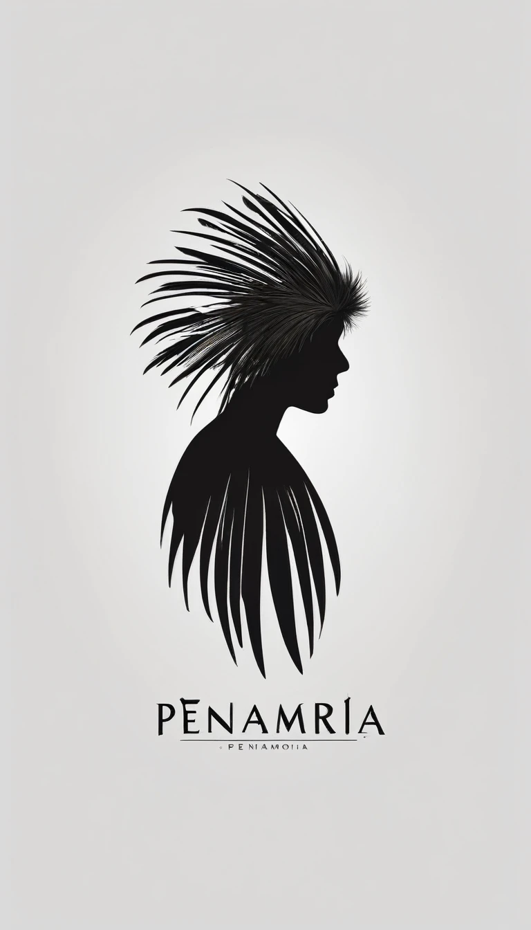 A minimal, modern, simple, cinematic logo design e of a boy with a head full of feathers for the brand “Penamemoria" .