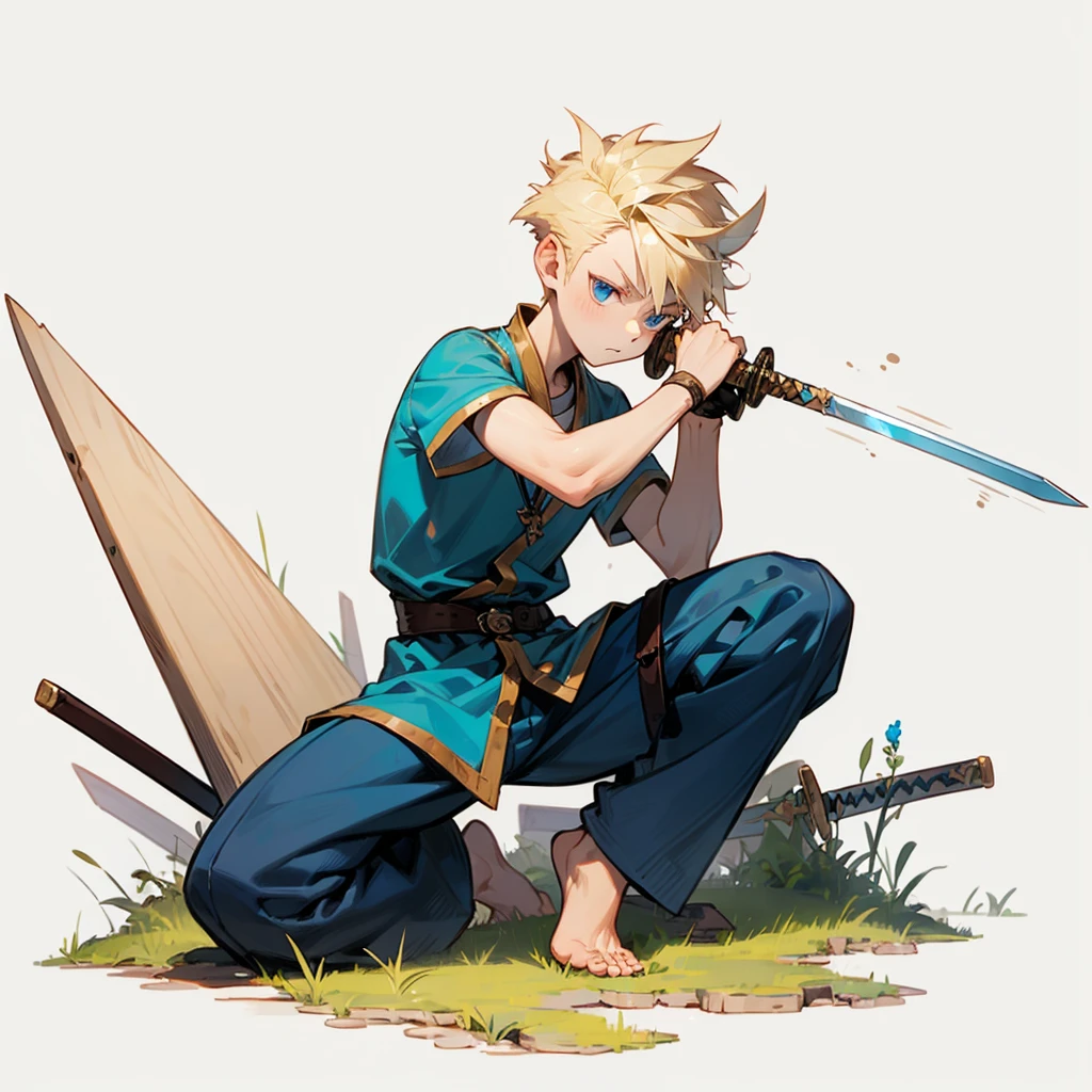 1character, Full body version, Viking boys, little boys, albino skins, blue eyes, faux hawk hair, blonde colour hair, poor boys, Simple short clothes, (small sword wood in hand, his pose is practicing alone), Grassroots