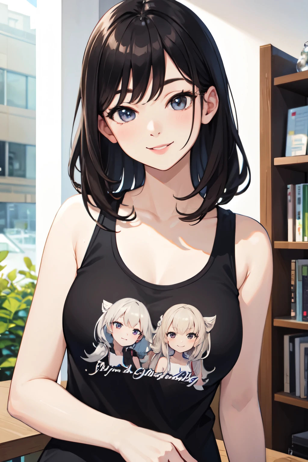 ((Highest quality)), ((masterpiece)), (detailed), high school girl,Lewd,Black Hair,smile,Sleeveless T-shirt