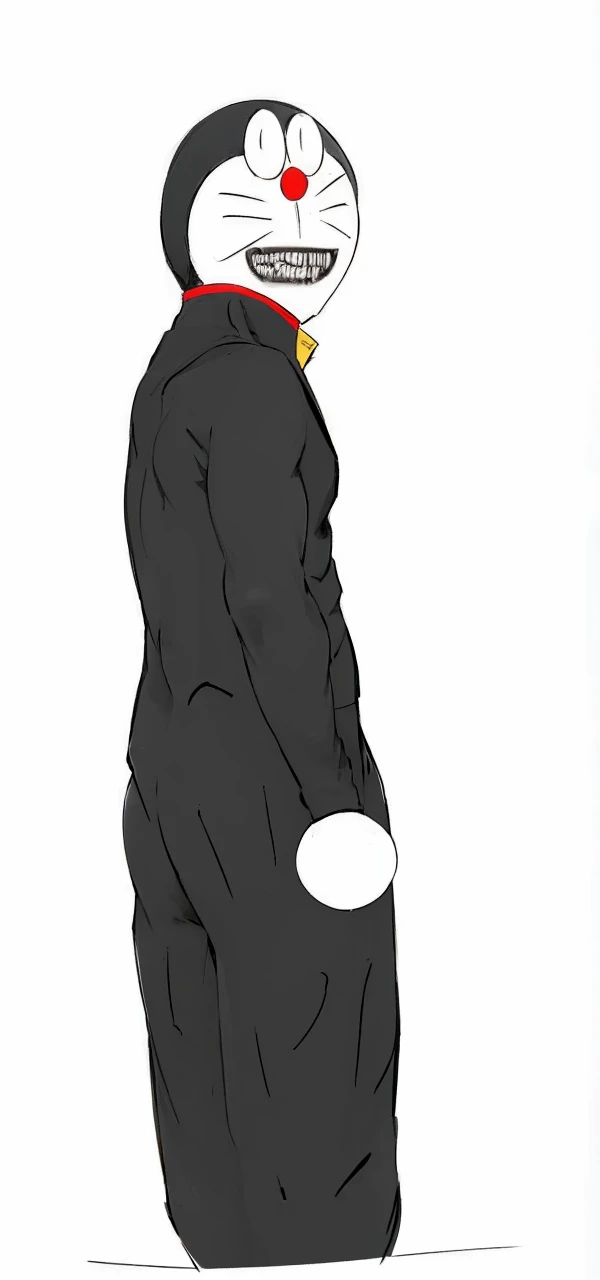 (masterpiece, best quality, highres, ultra-detailed), 1man, male focus, spiky black hair, grey eyes, handsome, detailed eyes and face, male body, earrings, ear piercing, unbuttoned black blazer, white shirt, trousers, bare collarbones, chain necklace, city slums background, by amano akira, full body, cigarette, cigarette smoke, guy smoking,1guy, masterpiece, black doraemon