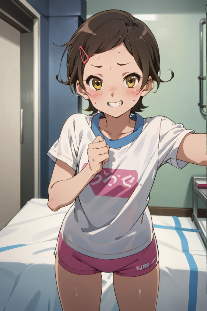 ,,(petite), 1girl, looking at viewer, , hazuki katou,,,gym shirts,((navy buruma)), ,my room,,blush,sweating,,flat chest,on bed,grin
