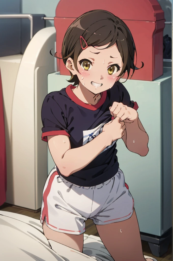 ,,(petite), 1girl, looking at viewer, , hazuki katou,,,gym shirts,((navy buruma)), ,my room,,blush,sweating,,flat chest,on bed,grin