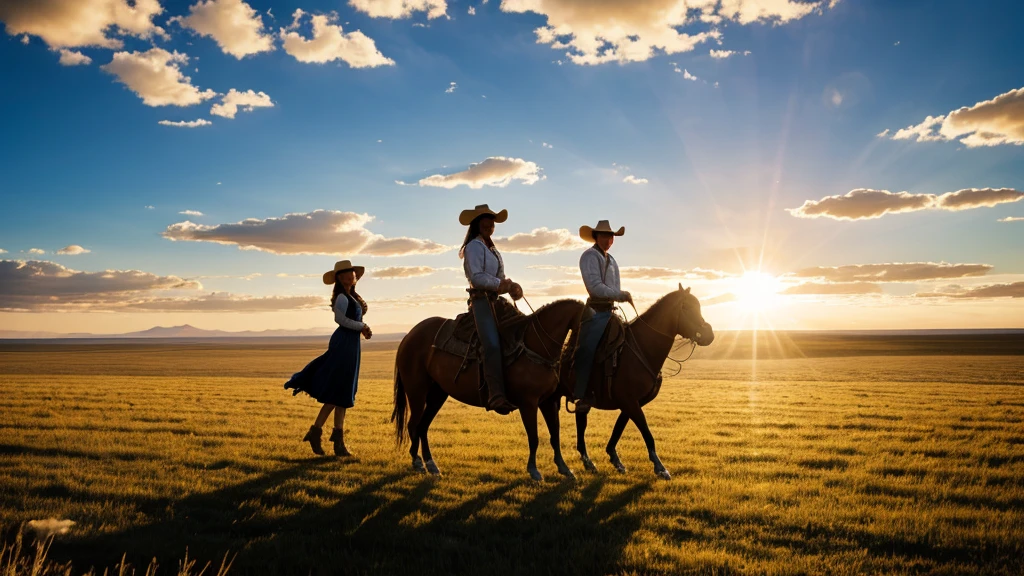western country , cowboy and woman cowboy lifting his lady up in foreground , sun beam, clouds