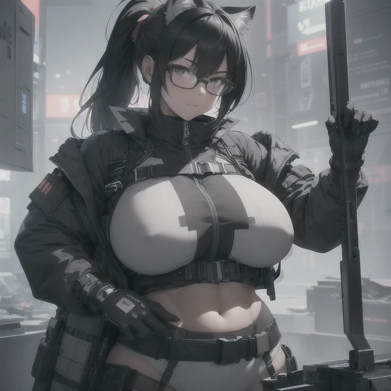 Absurd resolution, high resolution, (masterpiece: 1.4), hyper-detail, full body shot, solo, 1 kemono feline cat woman, humanoid, no skin other than neck and head shown, black hair, glasses, messy ponytail, cute face, detailed soft grey eyes, huge massive hyper super swollen breasts that cover her whole torso and are bigger than her head while being so big they reach her belly button, extremely large bust, wide full hips, narrower torso and shoulders, smaller torso, full thicc big soft thighs, big rounded full soft butt, ruggedized utility styled outfit, full body outfit coverage with no skin showing or revealed, weather-proof durable clothing material, nylon clothing material, monochrome black and grey fullbody covering protective padding pilot rugged utility suit with white chest, practical/functional clothing, custom made clothing to fit and support large breasts, scifi padded rugged high collar techwear jacket, white and black triangular decals and techwear iconography on apparel and clothing, techwear gloves, arm mounted strapped display scifi tablet/communication device/computer, rugged tablet display mounted on MOLLE strap on top of her bust, ruggedized computer tablet mounted above her breasts, screen display mounted on top of her chest, ruggedized tech, ruggedized tech aesthetic, fitted utility pants, utility chaps, near future scifi, cyberpunk aesthetic, anime aesthetic