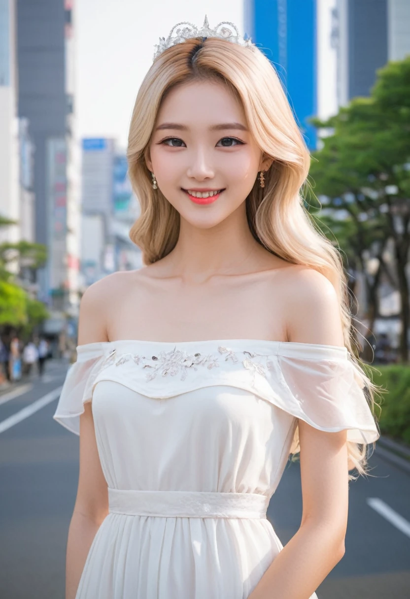 Leila、18-year-old、1 person、(Russian women)、(Thin contours:1.3)、(Grey Eyes:2.0)、(Realistic bust size 90cm:1.3)、(Narrow waist)、(White and translucent skin)、(Natural light blonde medium long hair:1.3)8-head-tall model style、Long dress、Inside the city of Tokyo、smile