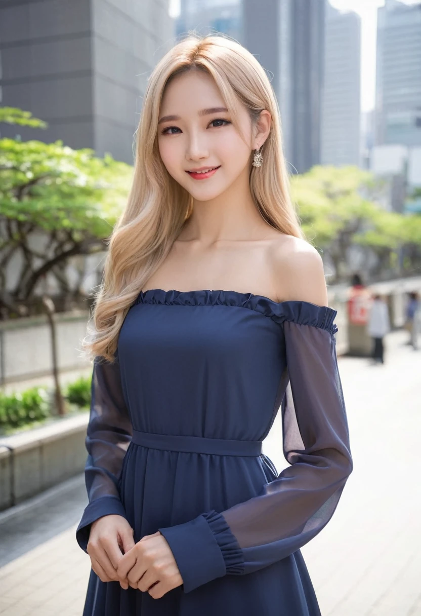 Leila、18-year-old、1 person、(Russian women)、(Thin contours:1.3)、(Grey Eyes:2.0)、(Realistic bust size 90cm:1.3)、(Narrow waist)、(White and translucent skin)、(Natural light blonde medium long hair:1.3)8-head-tall model style、Long dress、Inside the city of Tokyo、smile