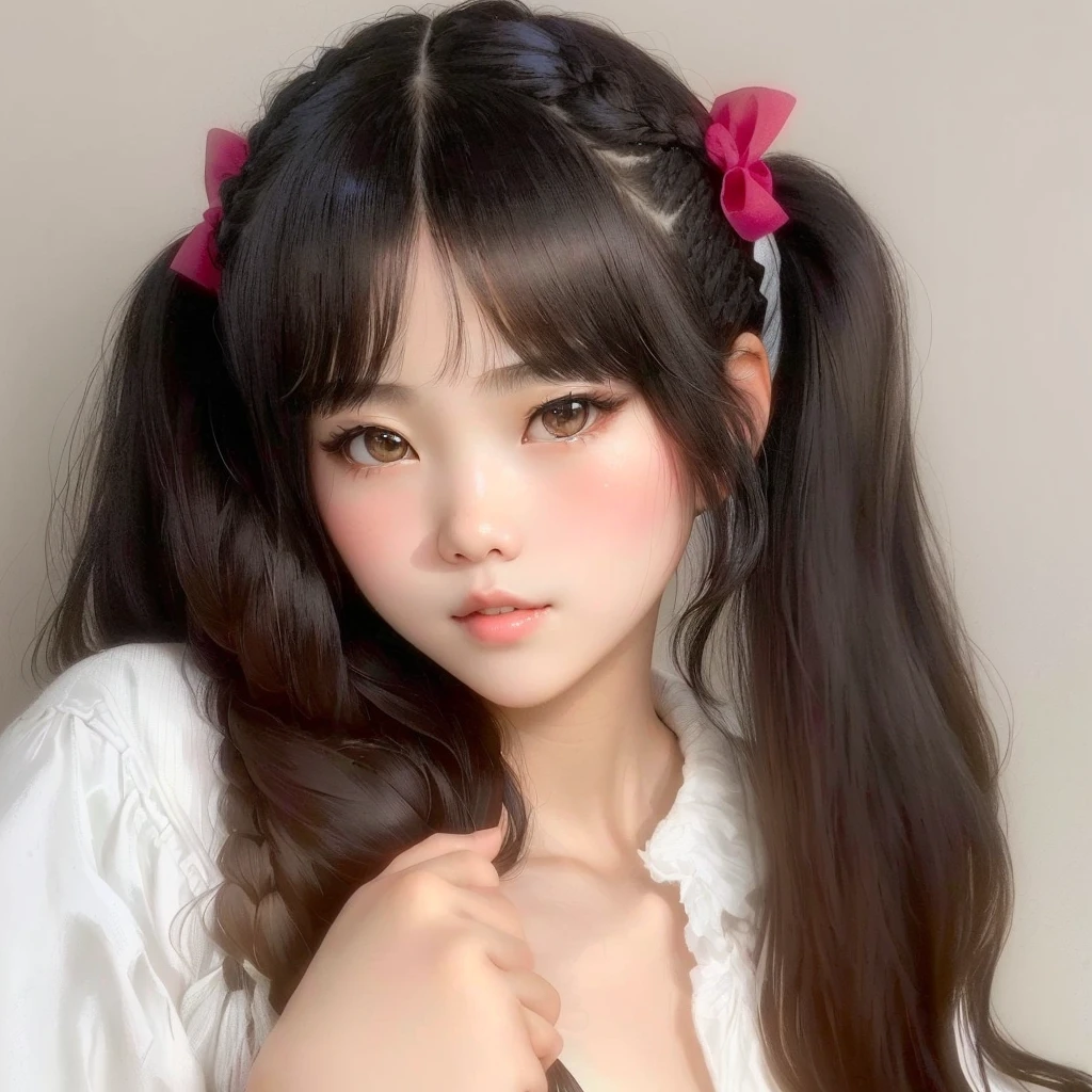 There was a young woman,Long fluttering hair,Wearing a bow on the head, Double ponytail hairstyle, Ulzan, Braided hairstyle, two Braided hairstyle, Neat Bangs Hairstyle, Kawaii Hairstyle, Black braids, White Ji haircut, Fluffy bangs, WAN cute Korean face, Young cute pale Asian face, Kawaii Hairstyle, Ji Qie, Braided hair