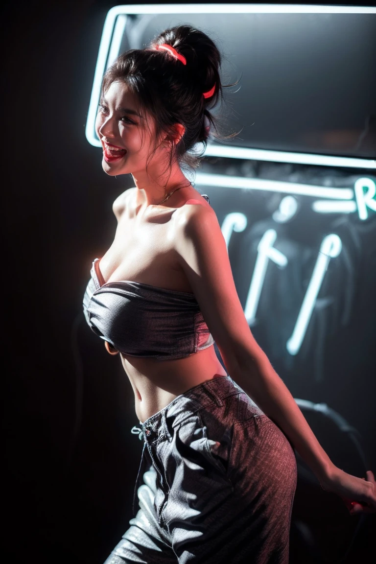 (Dancing pose, front view: 1.4), (half body photo: 1.4), RAW UHD portrait photo of a woman, (happy face: 1.2) (Black short hair: 1.0), (Large Breasts: 1.5), (joyful expression: 1.4), (Large White Blouse), Background is Night Club, glossy Grey eyes with high detail, (perfect anatomy: 1.5), (night time: 1.5), (neon light mood and tone: 1.5), (low light: 1.6).
