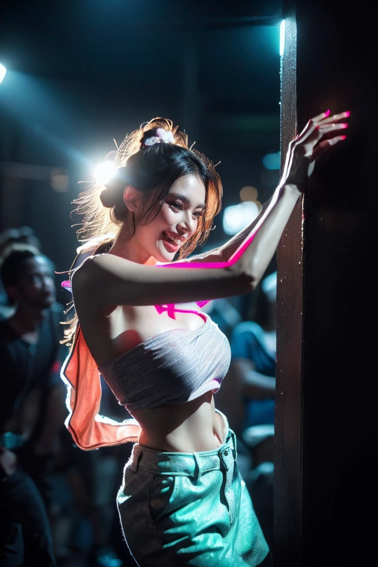 (Dancing pose, front view: 1.4), (half body photo: 1.4), RAW UHD portrait photo of a woman, (happy face: 1.2) (Black short hair: 1.0), (Large Breasts: 1.5), (joyful expression: 1.4), (Large White Blouse), Background is Night Club, glossy Grey eyes with high detail, (perfect anatomy: 1.5), (night time: 1.5), (neon light mood and tone: 1.5), (low light: 1.6).