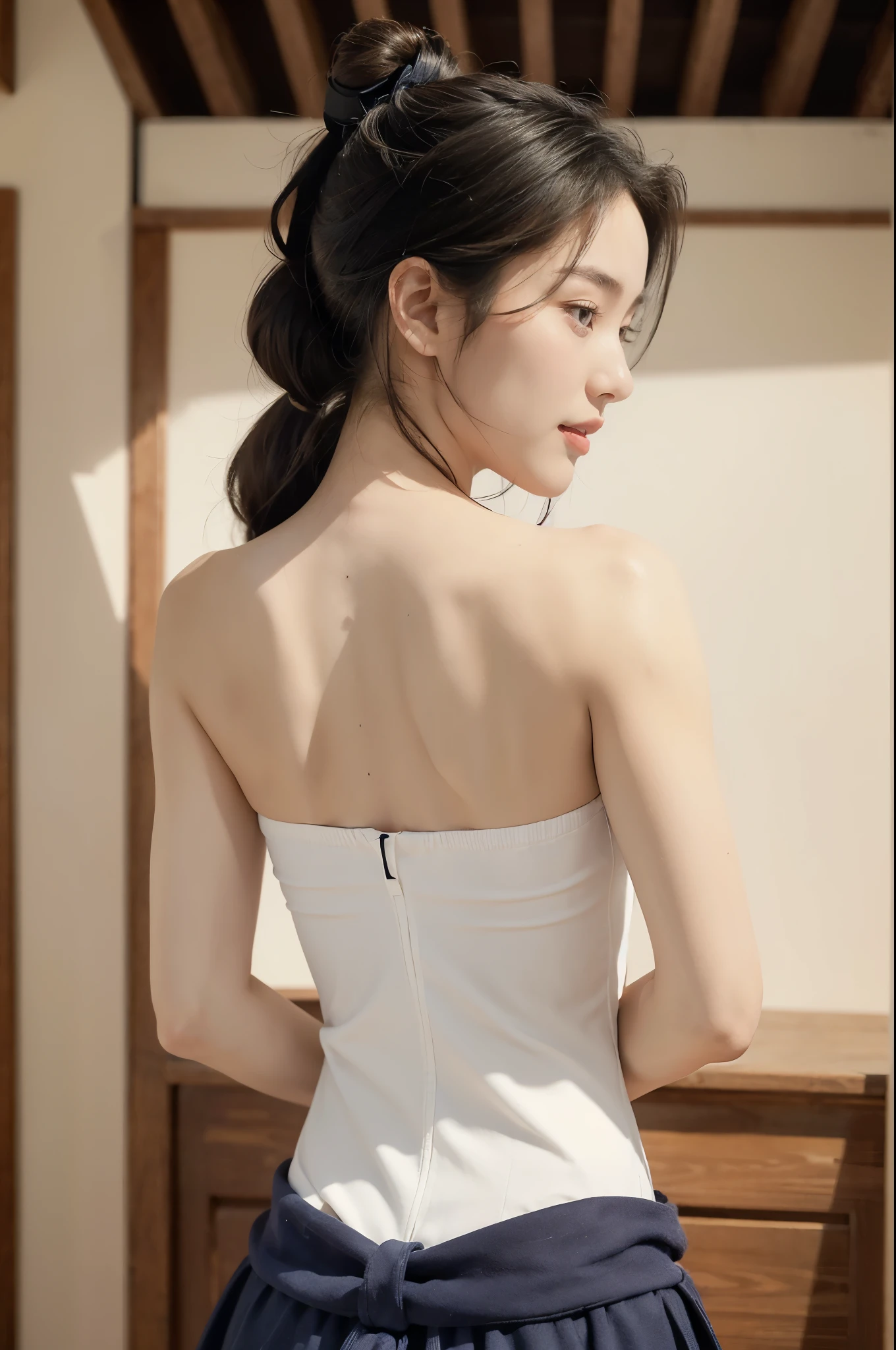 (((best quality))),(((ultra detailed))),(((masterpiece))),illustration,1girl,solo,short ponytail,slim,thin,((strapless,shoulder off,bare back,towering hips,butt crack)),white collar,white tank top,maxi navy-blue kendo hakama,standing in kendo gym,focused and determined expression,ready for challenge,slender and elegant face,confident and resilient,fair skin,blush,neat teeth,bright smile,clean and tidy uniform,wooden gym floor,wall,pine scent,standard grip,ready to slice through obstacles,strong belief,determination,spirit of resilience,admiring,((from back,upper body))