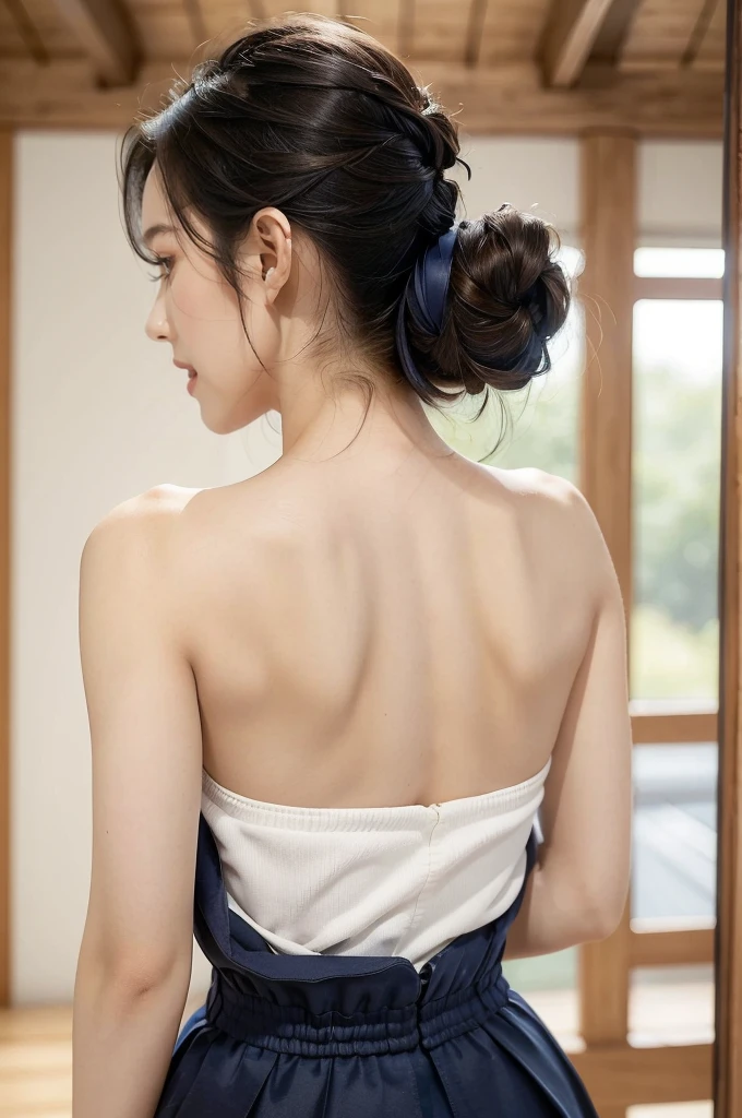 (((best quality))),(((ultra detailed))),(((masterpiece))),illustration,1girl,solo,short ponytail,slim,thin,((strapless,shoulder off,bare back,towering hips,butt crack)),white collar,white tank top,maxi navy-blue kendo hakama,standing in kendo gym,focused and determined expression,ready for challenge,slender and elegant face,confident and resilient,fair skin,blush,neat teeth,bright smile,clean and tidy uniform,wooden gym floor,wall,pine scent,standard grip,ready to slice through obstacles,strong belief,determination,spirit of resilience,admiring,((from back,upper body))