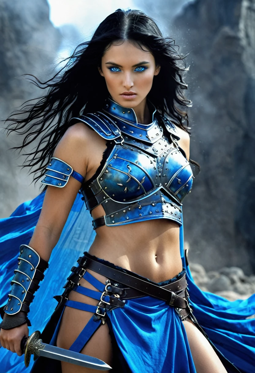 albrecht durer meets Luis Royo-inspired style, visualize a (((petite female gladiator))) with a (((petite body))), (((very long, messy, black hair))), (((dark, mysterious, blue eyes))), dressed in a (((vivid, legendary, 16K, hyper-detail sexy body armor dress))), embodying a (((fantastic, full-body aesthetic))) against a backdrop of (((swirling, hyper-detailed smoke))).