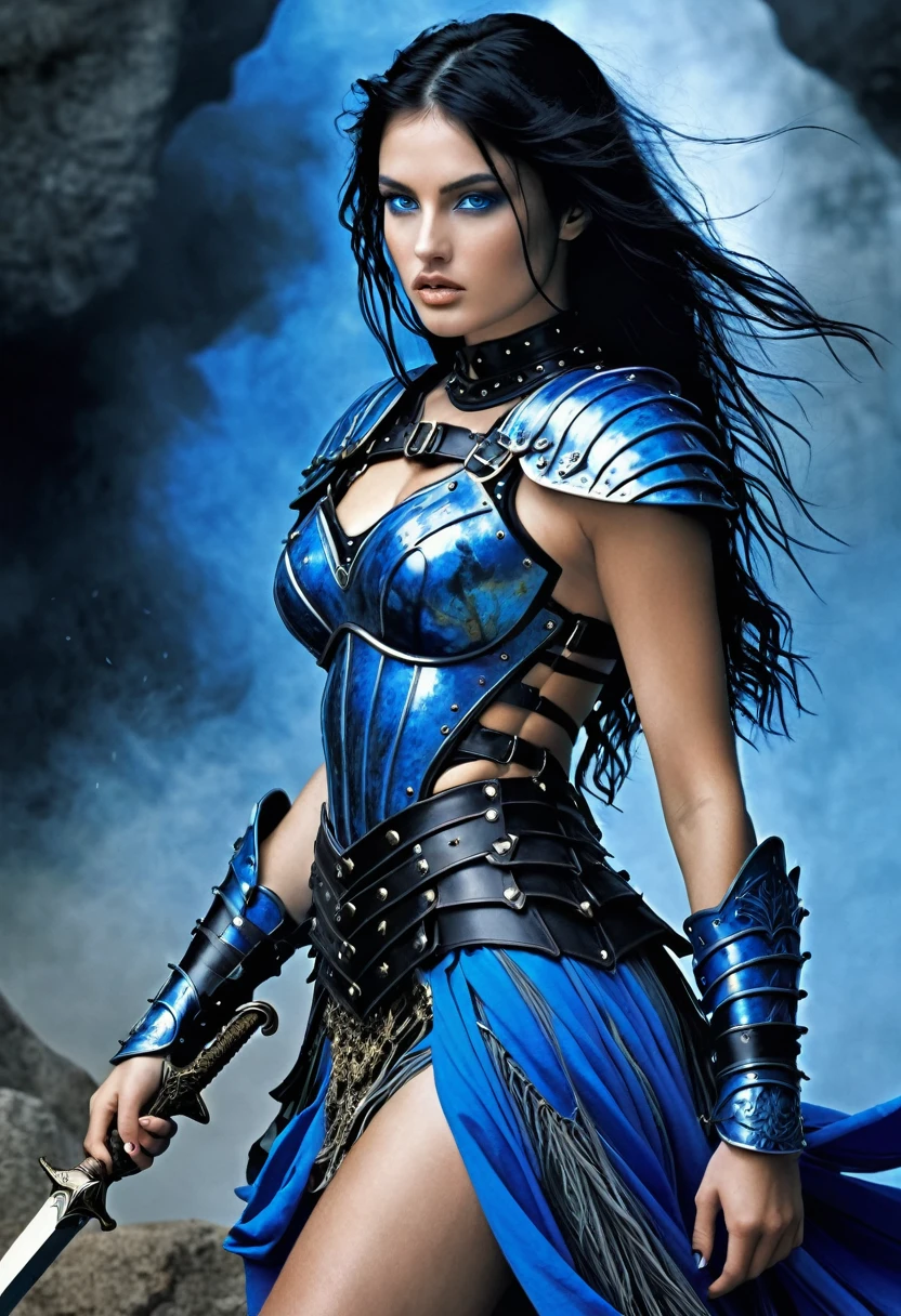 albrecht durer meets Luis Royo-inspired style, visualize a (((petite female gladiator))) with a (((petite body))), (((very long, messy, black hair))), (((dark, mysterious, blue eyes))), dressed in a (((vivid, legendary, 16K, hyper-detail sexy body armor dress))), embodying a (((fantastic, full-body aesthetic))) against a backdrop of (((swirling, hyper-detailed smoke))).