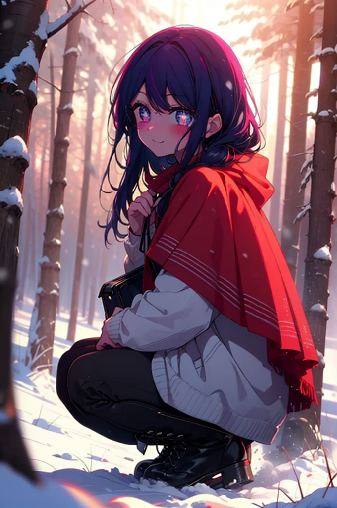 aihoshino, Ai Hoshino, Long Hair, bangs, (Purple eyes:1.1), Purple Hair, (Symbol-shaped pupil:1.5), smile,,smile,blush,White Breath,
Open your mouth,snow,Ground bonfire, Outdoor, boots, snowing, From the side, wood, suitcase, Cape, Blurred, , forest, White handbag, nature,  Squat, Mouth closed, Cape, winter, Written boundary depth, Black shoes, red Cape break looking at viewer, Upper Body, whole body, break Outdoor, forest, nature, break (masterpiece:1.2), Highest quality, High resolution, unity 8k wallpaper, (shape:0.8), (Beautiful and beautiful eyes:1.6), Highly detailed face, Perfect lighting, Extremely detailed CG, (Perfect hands, Perfect Anatomy),