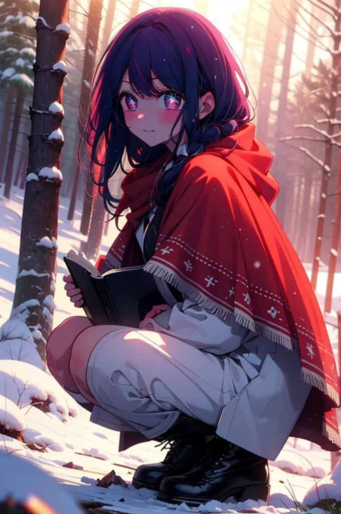 aihoshino, Ai Hoshino, Long Hair, bangs, (Purple eyes:1.1), Purple Hair, (Symbol-shaped pupil:1.5), smile,,smile,blush,White Breath,
Open your mouth,snow,Ground bonfire, Outdoor, boots, snowing, From the side, wood, suitcase, Cape, Blurred, , forest, White handbag, nature, Squat, Mouth closed, Cape, winter, Written boundary depth, Black shoes, red Cape break looking at viewer, Upper Body, whole body, break Outdoor, forest, nature, break (masterpiece:1.2), Highest quality, High resolution, unity 8k wallpaper, (shape:0.8), (Beautiful and beautiful eyes:1.6), Highly detailed face, Perfect lighting, Extremely detailed CG, (Perfect hands, Perfect Anatomy),
