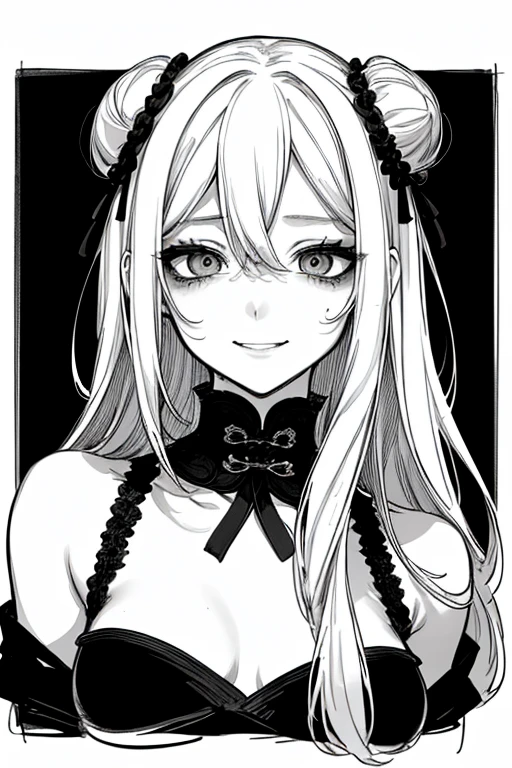 Top quality, (background detail), beautiful line drawing, monochrome drawing, black and white drawing, high contrast, very beautiful woman, detailed original illustration, Chinese style, Chinese clothes, hair in a bun, evil smile, mocking face, crazy eyes, sensual, delicate face, black and white drawing, high contrast, delicate face, charm, small, bad girl, sexy, small breasts, small height, real breasts, head close-up, black background, (black background: 1. 5)