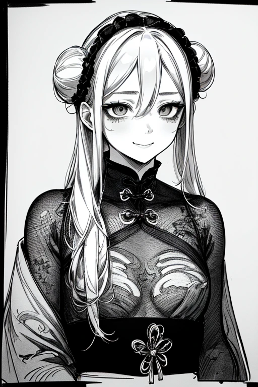 Top quality, (background detail), beautiful line drawing, monochrome drawing, black and white drawing, high contrast, very beautiful woman, detailed original illustration, Chinese style, Chinese clothes, hair in a bun, evil smile, mocking face, crazy eyes, sensual, delicate face, black and white drawing, high contrast, delicate face, charm, small, bad girl, sexy, small breasts, small height, real breasts, head close-up, black background, (black background: 1. 5)