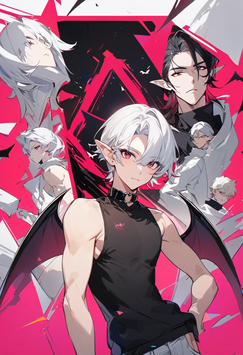 arte anime, work of art, best qualityer, 4K, Icon, Tall and Very Handsome Elf Boy, Short White Hair, Stellar Red Eyes, Cute Bat Wings Behind the Back in Pink, Fitted Body Blouse with Sleeveless Roll Collar in Black with Red Outline Zipper from Top to Bottom, Black Heart Choker, Black Sweatshirt Over Loose Elbow Length, Red Glitch Distorted Reality Background, masculine, elf boy, Attractive posing.