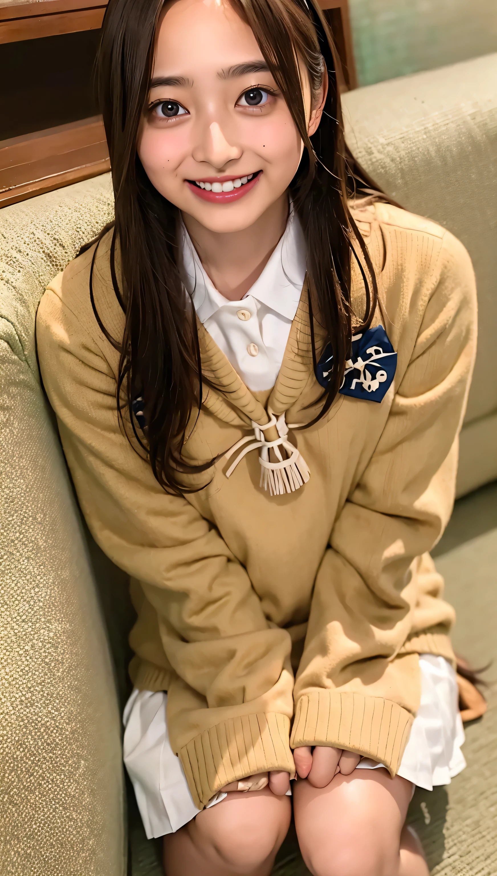 (((cowboy shot))),Ultra-high resolution,big eyes,(brown eyes),Japanese,(forehead),(a girl),(1 girl),((17 years old)),(cute),pretty,((facing at viewer)),grin,(((white school sailor uniform))),pleated skirt,(sitting),(thick thighs)
