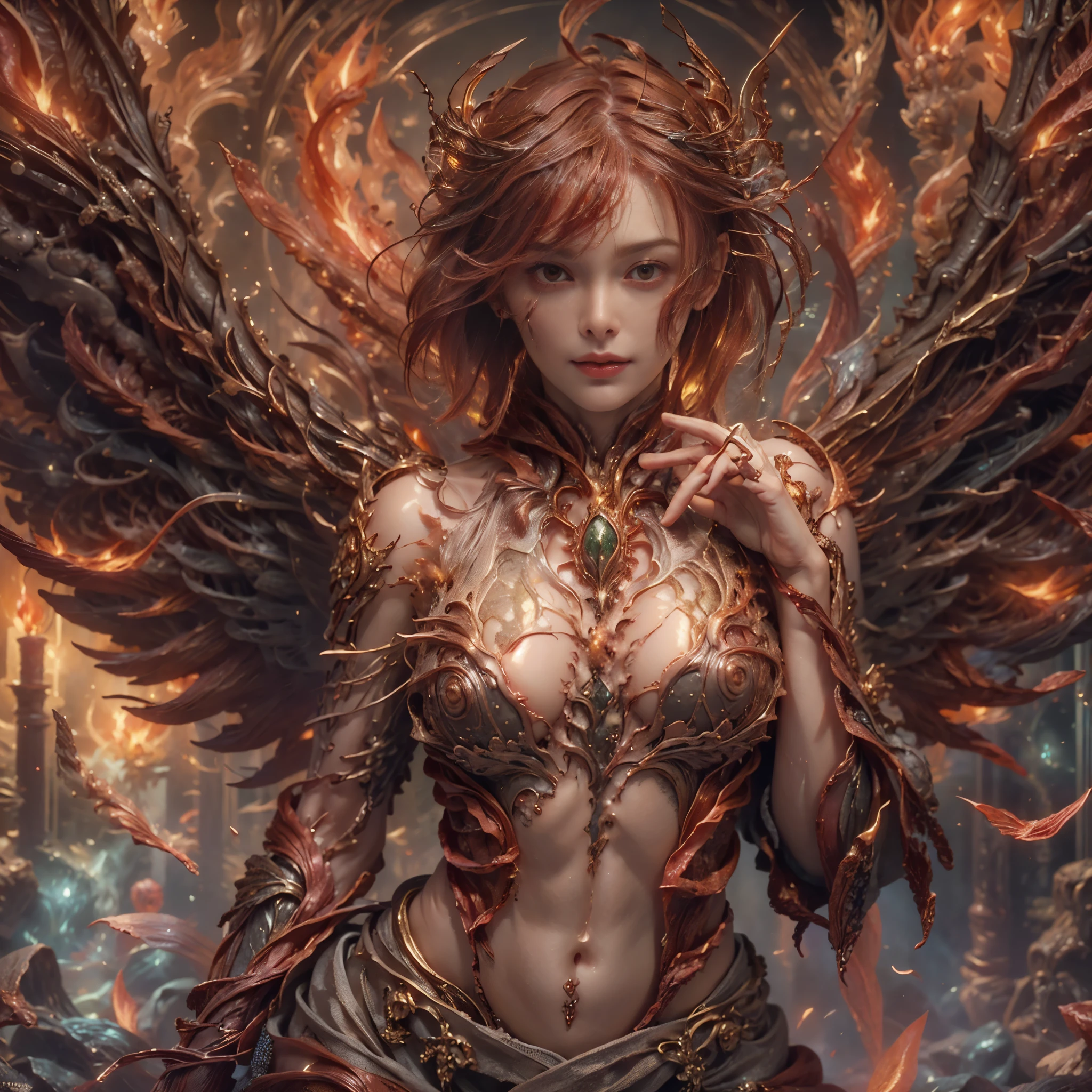 (((8k RAW photo, hyper realistic, masterpiece, best quality, crisp detail, high definition, high detail, very rich detail, sharp focus, sharp detail, colorful, rich color, cinematic, perfect studio lightning, full body photograph, mystic atmosphere))), (((fully naked) young colorful hell goddess, (fully nude), (adorable beautiful baby face, evil round face, smooth straight short hair goddess, red haired goddess, red eyed goddess, medium breast, (asian nipples)), (temptating pose, showing pussy and nipples), smooth body, ideal body, evil smile)), (releasing (hell fire), (showing ((pussy, vagina, genital, nipples)))), ((demonic scorching fire wings, tail)), (incinerated city, meteors shower, night),(cerberus behind, collosal war background)