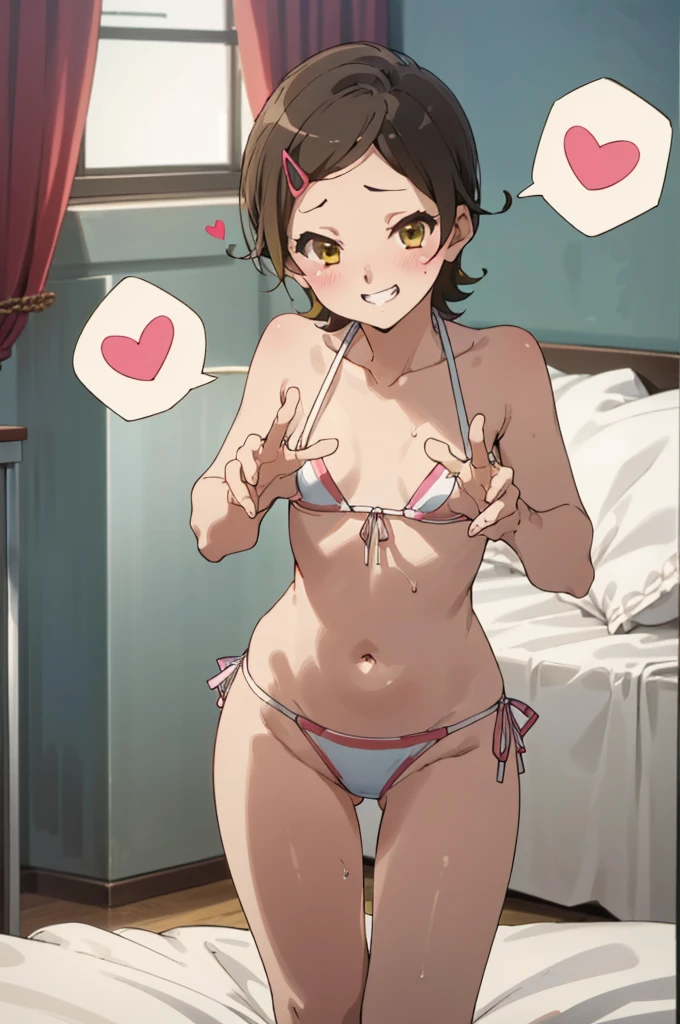 ,,(petite), 1girl, looking at viewer, bikini, hazuki katou,,,socks, ,my room,,blush,(spoken heart),(((dynamic pose,sexy,erotic))),flat chest,on bed,grin,standing