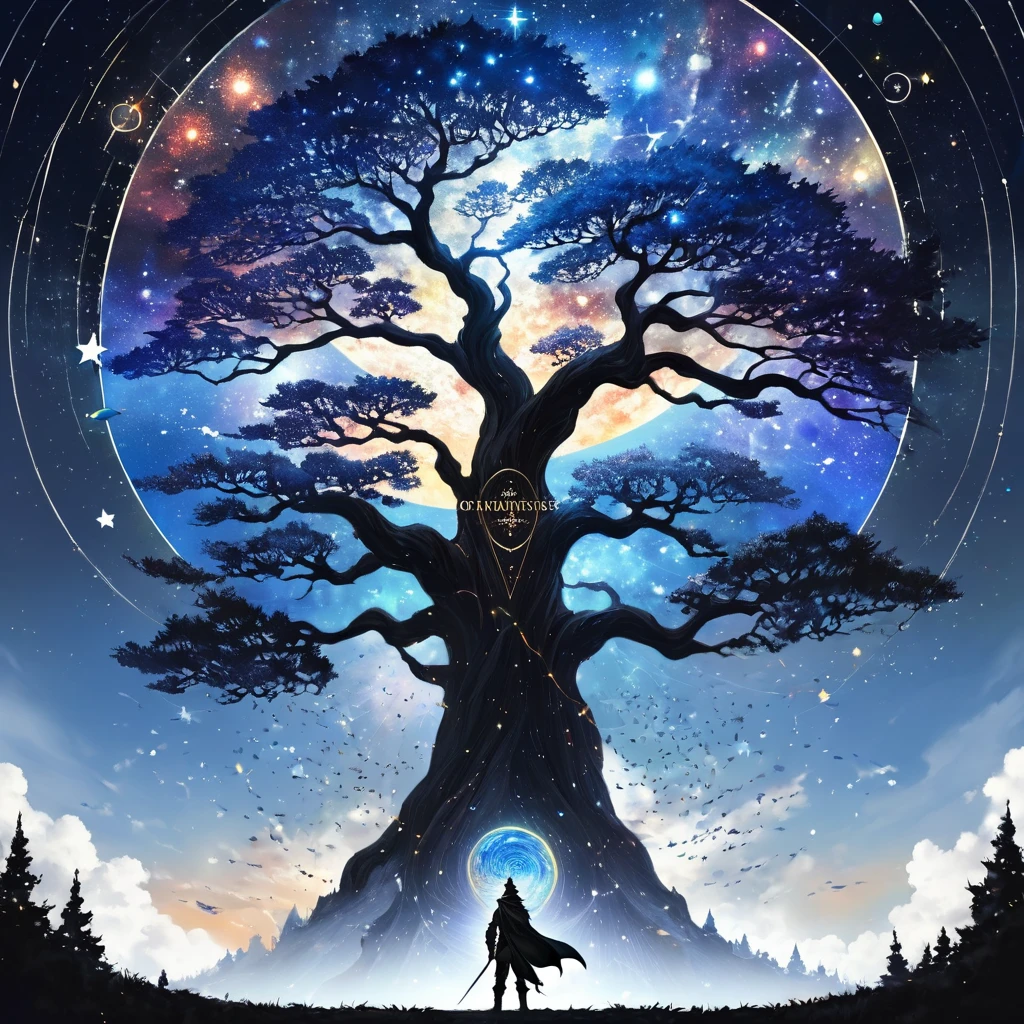 a painting，A man standing in front of a tree，sky in the background, digital art inspired by Johfra Bosschart, tumblr, Fantasyart, Astronautuniverse, fantasy painting, Ascending universe, Illumination of the Universe, esoteric paradise equation, Fantasyart style, Fantasyart, universe, Not Star Kingdom ) ) ), Star appearance