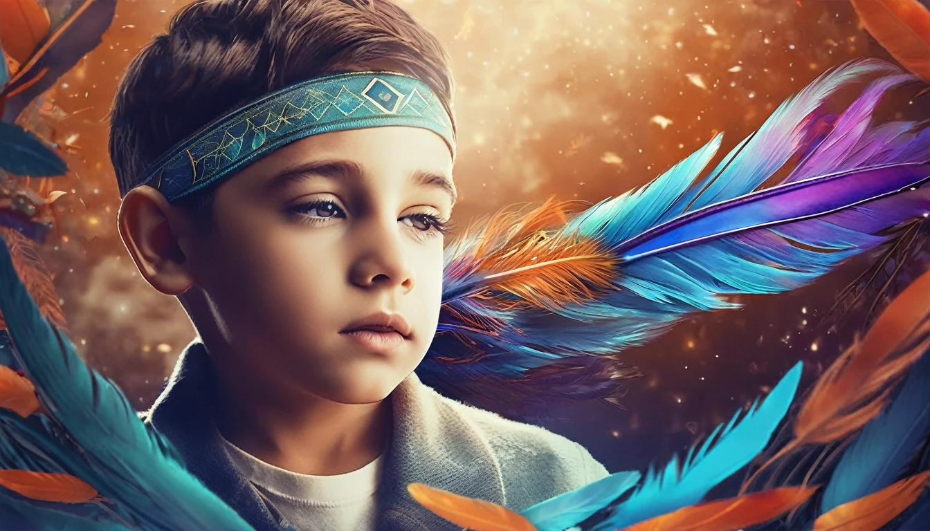 Create a professional, fantastic, cinematic dream-like Youtube Banner for a brand about music, stories, fantasy and dreams called " Penamemoria". Masterpiece, 4k, sharp focus, highest quality,wide shot. The title is " Penamemoria". Is a brand about the creative, unique journey of a boy into becoming a musician storyteller inspired by feathers and birds. Modern logo design of a boy and a feather. The logo must convey a sense of memories and dreams