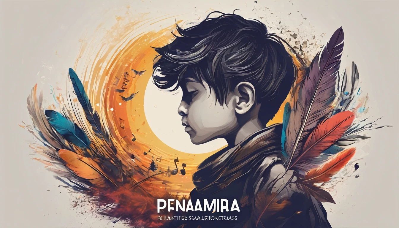 Create a professional, fantastic, cinematic dream-like Youtube Banner for a brand about music, stories, fantasy and dreams called " Penamemoria". Masterpiece, 4k, sharp focus, highest quality,wide shot. The title is " Penamemoria". Is a brand about the creative, unique journey of a boy into becoming a musician storyteller inspired by feathers and birds. Modern logo design of a boy and a feather. The logo must convey a sense of memories and dreams