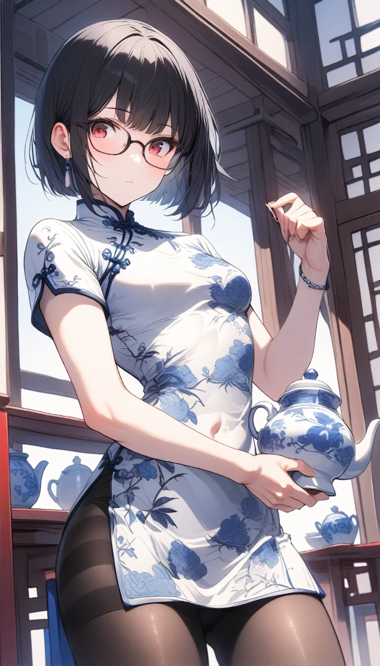 solo,1boy,black stockings, (bulge:0.9),standing,holding teapot,red eyes,glasses,skirt up,black hair,pruplr hair,long bangs,short hair,bob cut,blue and white porcelain chinese-style clothing,blue and white porcelain Chinese dress,blue and white porcelain chinese qipao,blue and white porcelain print dress,headdress,pink apron,teahouse