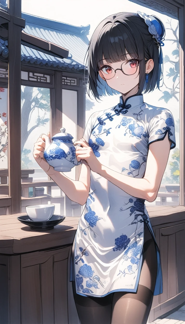 solo,1boy,black stockings, (bulge:0.9),standing,holding teapot,red eyes,glasses,skirt up,black hair,pruplr hair,long bangs,short hair,bob cut,blue and white porcelain chinese-style clothing,blue and white porcelain Chinese dress,blue and white porcelain chinese qipao,blue and white porcelain print dress,headdress,pink apron,teahouse