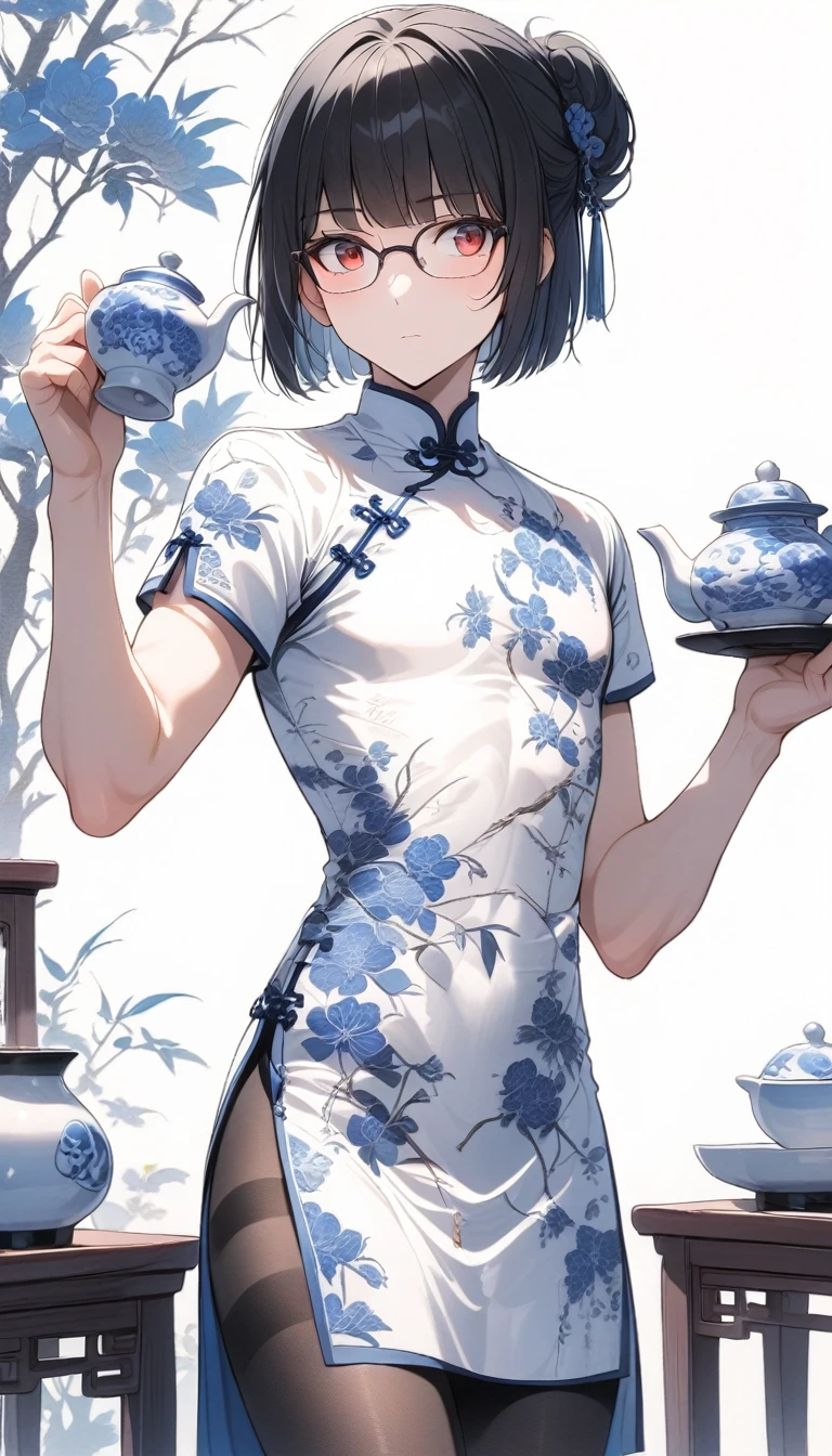 solo,1boy,black stockings, (bulge:0.9),standing,holding teapot,red eyes,glasses,skirt up,black hair,pruplr hair,long bangs,short hair,bob cut,blue and white porcelain chinese-style clothing,blue and white porcelain Chinese dress,blue and white porcelain chinese qipao,blue and white porcelain print dress,headdress,pink apron,teahouse