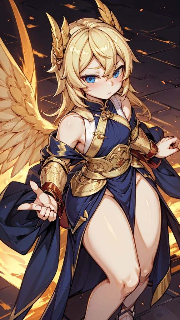 天使boy，可爱boy，femboy，Thick thighs，Lovely thighs，希腊风robe，blond，blond，高开叉robe，laurels，boy，wing，wing，Serious and serious，Serious expression，严肃boy，Close-up above the waist，flat chest，robe，cheongsam，情趣cheongsam，cheongsam风格，wing，wing，wing