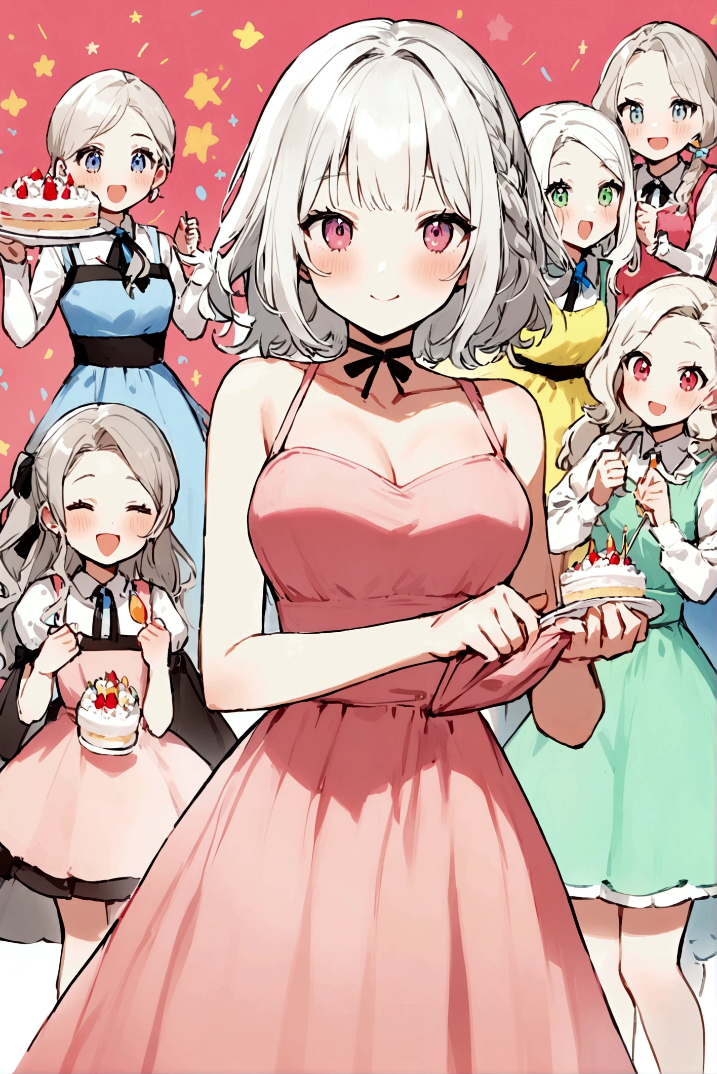 6 cute women,Organize a birthday party,,Cake Hold,1 white-haired woman wearing a dress
