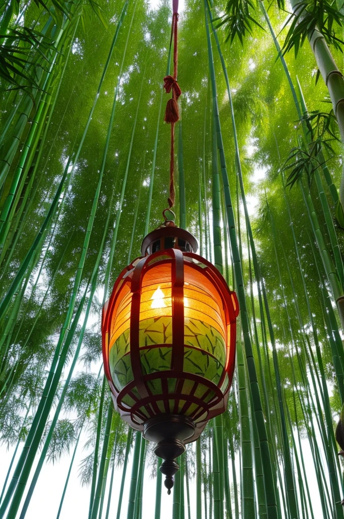 A lantern shaped like a quarter of a watermelon is hung on a bamboo tree.