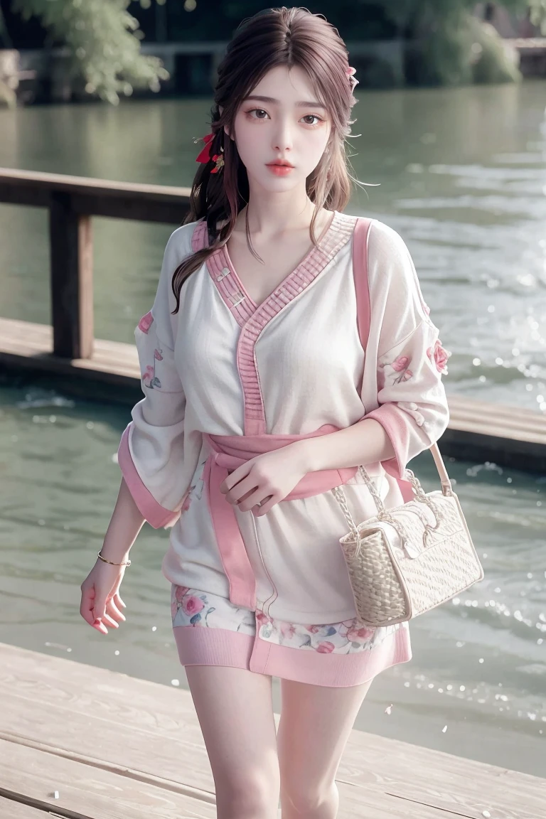 1girl walking on the river, mix4, sweater, pillow, lips, open_mouth, realistic, photo_\(medium\), solo, stuffed_animal, stuffed_toy, teddy_bear,(masterpiece),(photorealistic:1.3), ultra-detailed, (high detailed skin:1.2),(best quality:1.0), (ultra highres:1.0), (ulzzang-6500:0.3), wavy detailed hair, long hair, sunshine, (beautiful detailed makeup), (sexually aroused blushing heavy breathing:1.0), floral theme flower petals scattered, (soft glow bloom:0.5)