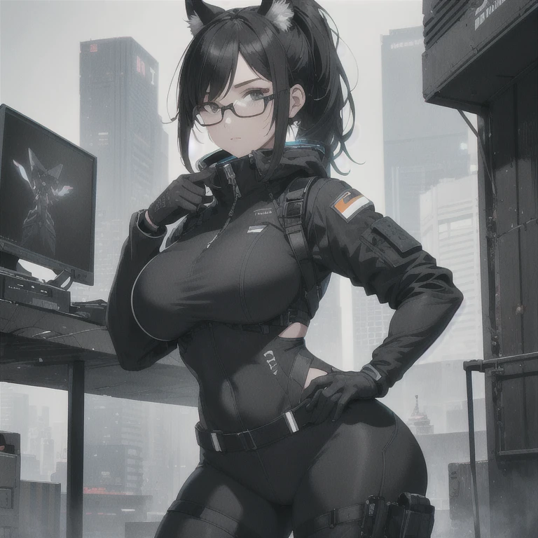 Absurd resolution, high resolution, (masterpiece: 1.4), hyper-detail, full body shot, solo, 1 kemono feline cat woman, humanoid, no skin other than neck and head shown, black hair, glasses, messy ponytail, cute face, detailed soft grey eyes, huge massive hyper super swollen breasts that cover her whole torso and are bigger than her head while being so big they reach her belly button, extremely large bust, wide full hips, narrower torso and shoulders, smaller torso, full thicc big soft thighs, big rounded full soft butt, ruggedized utility styled outfit, full body outfit coverage with no skin showing or revealed, weather-proof durable clothing material, nylon clothing material, monochrome black and grey fullbody covering protective padding pilot rugged utility suit with white chest, practical/functional clothing, custom made clothing to fit and support large breasts, scifi padded rugged high collar techwear jacket, white and black triangular decals and techwear iconography on apparel and clothing, techwear gloves, arm mounted strapped display scifi tablet/communication device/computer, rugged tablet display mounted on MOLLE strap on top of her bust, ruggedized computer tablet mounted above her breasts, screen display mounted on top of her chest, ruggedized tech, ruggedized tech aesthetic, fitted utility pants, utility chaps, near future scifi, cyberpunk aesthetic, anime aesthetic