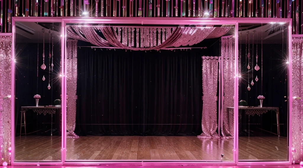 Decorating a party with pink colors, use of neon lights, strawberries, mirror balls, shiny curtain elements, glitter, large mirrors, creating a fun, very bright enviroment