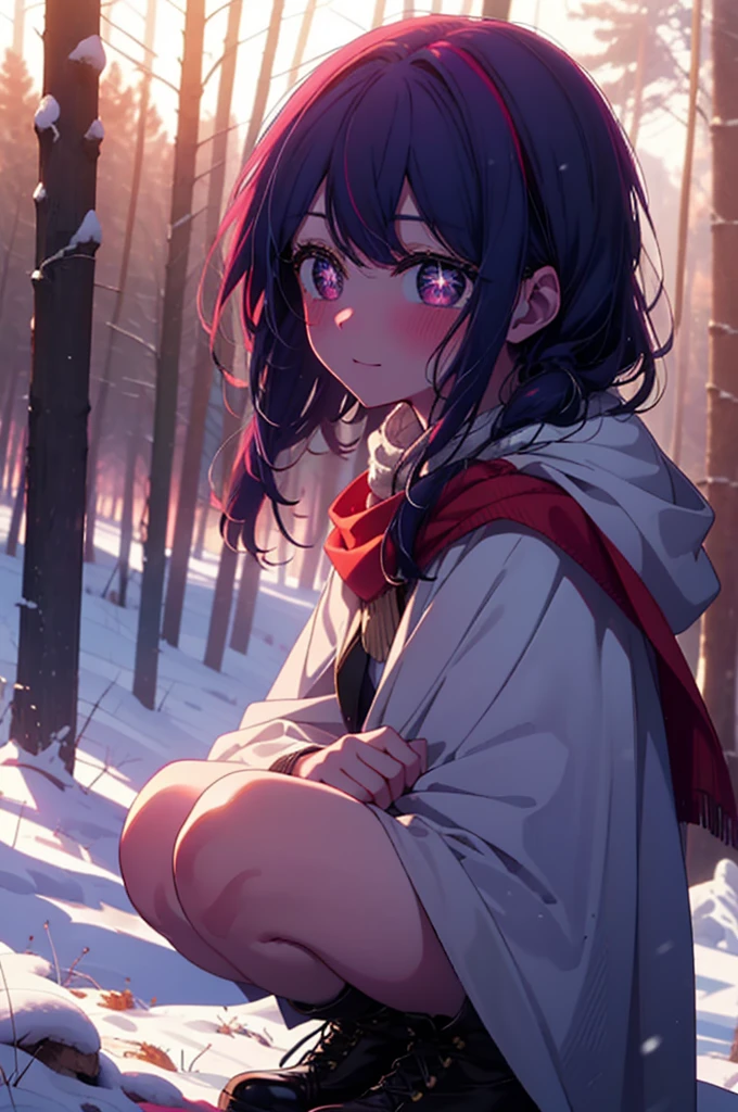aihoshino, Ai Hoshino, Long Hair, bangs, (Purple eyes:1.1), Purple Hair, (Symbol-shaped pupil:1.5), smile,,smile,blush,White Breath,
Open your mouth,snow,Ground bonfire, Outdoor, boots, snowing, From the side, wood, suitcase, Cape, Blurred, , forest, White handbag, nature,  Squat, Mouth closed, Cape, winter, Written boundary depth, Black shoes, red Cape break looking at viewer, Upper Body, whole body, break Outdoor, forest, nature, break (masterpiece:1.2), Highest quality, High resolution, unity 8k wallpaper, (shape:0.8), (Beautiful and beautiful eyes:1.6), Highly detailed face, Perfect lighting, Extremely detailed CG, (Perfect hands, Perfect Anatomy),
