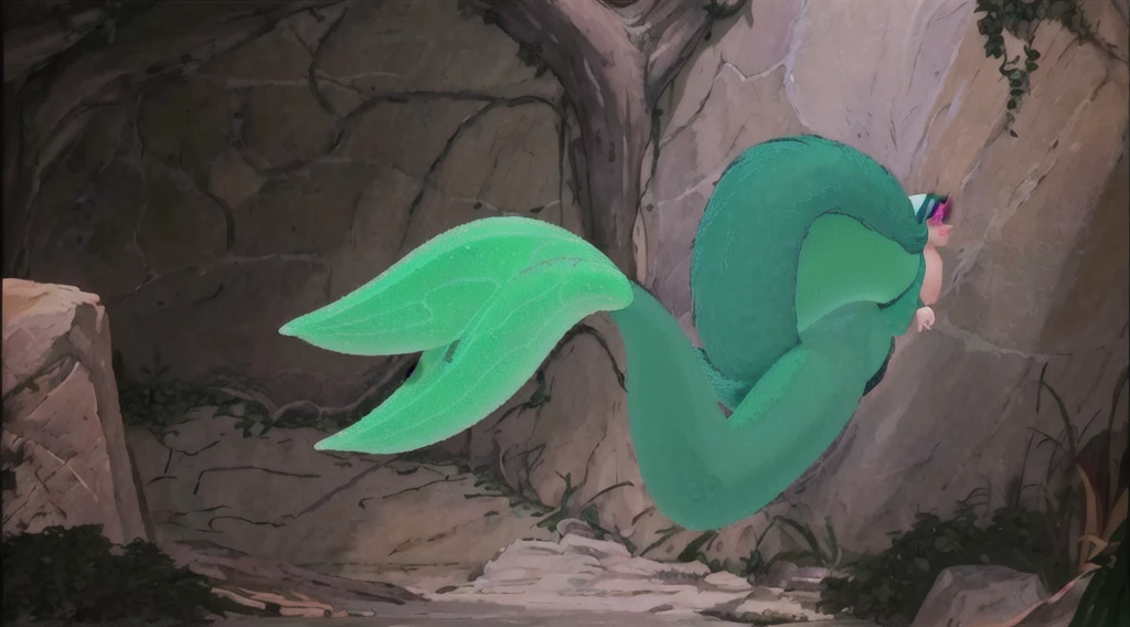 there is a cartoon of a green leaf on a rock wall, tail slightly wavy, dragon tail, lizard tail, don bluth animation, thick fluffy tail, thick tail, large tail, bushy tail, his trunk is a long tentacle, ralph bakshi, dragon tailed, long flowing fins, mermaid tail, his trunk is a huge tentacle