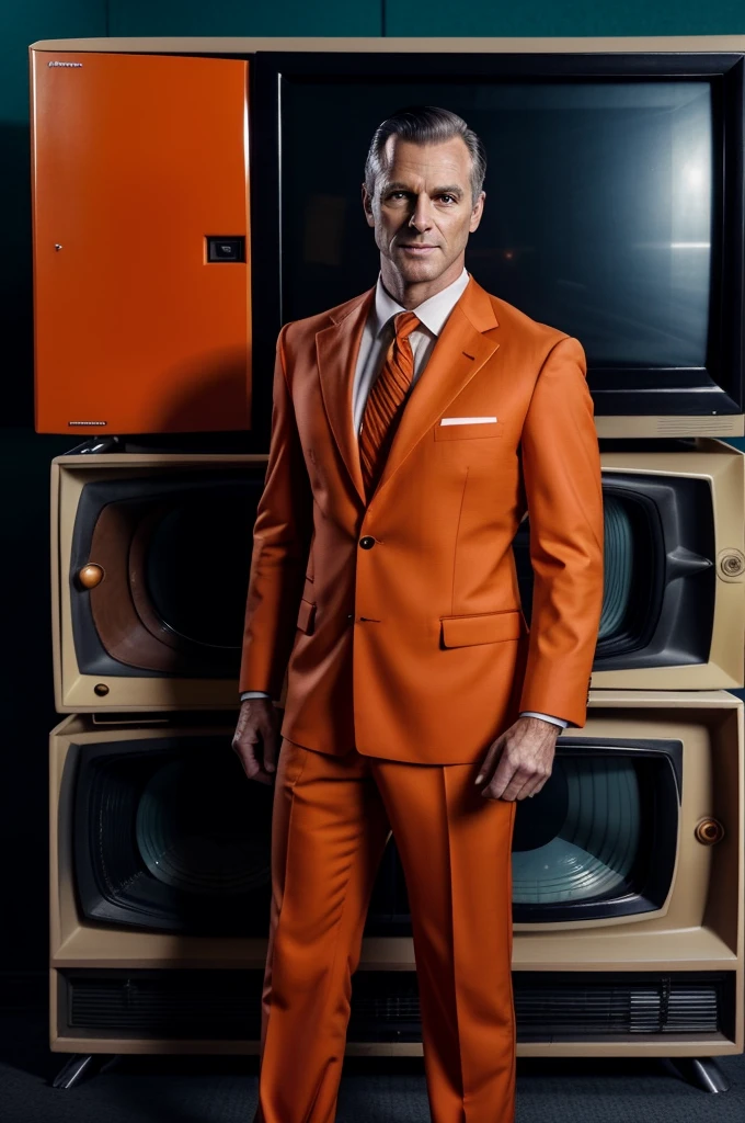 A detailed full-body image of a man wearing an orange suit, standing on the ground, with an old television set for a head, vintage TV design with knobs and antennas, screen displaying static, sharp and well-fitted suit, high-resolution, photorealistic, background: 100% white
