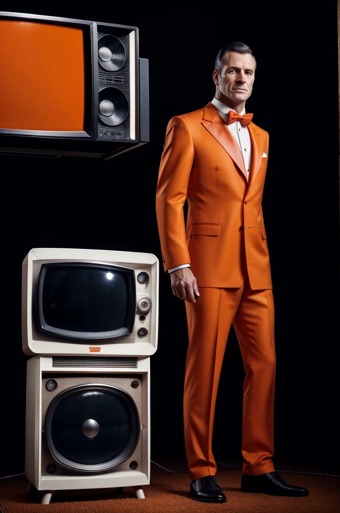 A detailed full-body image of a man wearing an orange suit, standing on the ground, with an old television set for a head, vintage TV design with knobs and antennas, screen displaying static, sharp and well-fitted suit, high-resolution, photorealistic, background: 100% white
