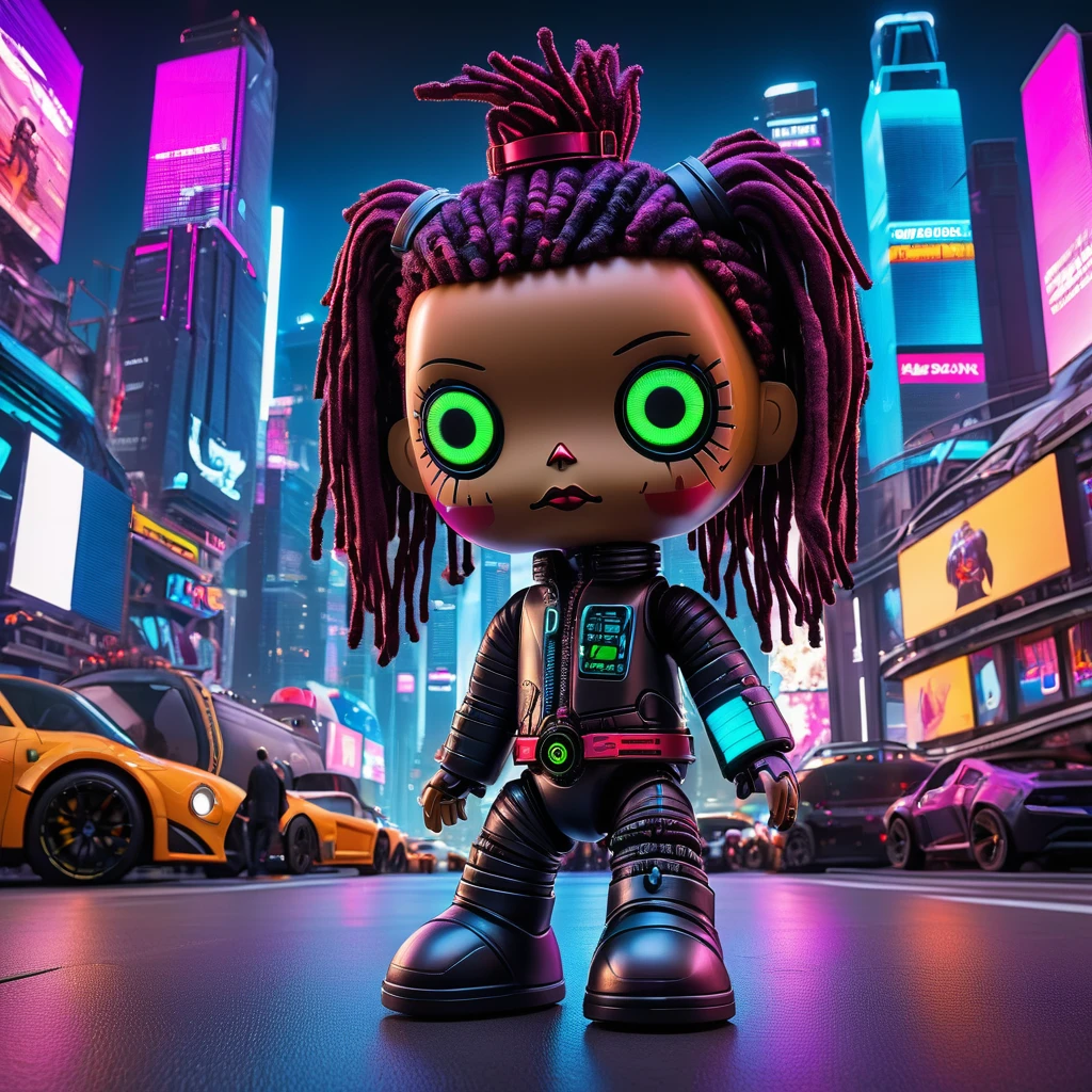 (knitted toy voodoo doll:1.5), (Voodoo Doll in a Futuristic City:1.3), (Clothing: high-tech urban attire with neon accents:1.0), (Accessories: enchanted wrist device with holographic displays, floating drones:1.1), (background: ultra-modern cityscape with towering skyscrapers, holographic billboards, and bustling futuristic vehicles:1.2), best quality, masterpiece, detailed soft oil painting, detailed background, dramatic cinematic lighting, soft edge lighting, professional, dramatic lighting, hard edge lighting, ultra quality, 4k, masterpiece, best quality, 8k, ultra high definition, high resolution, extremely detailed