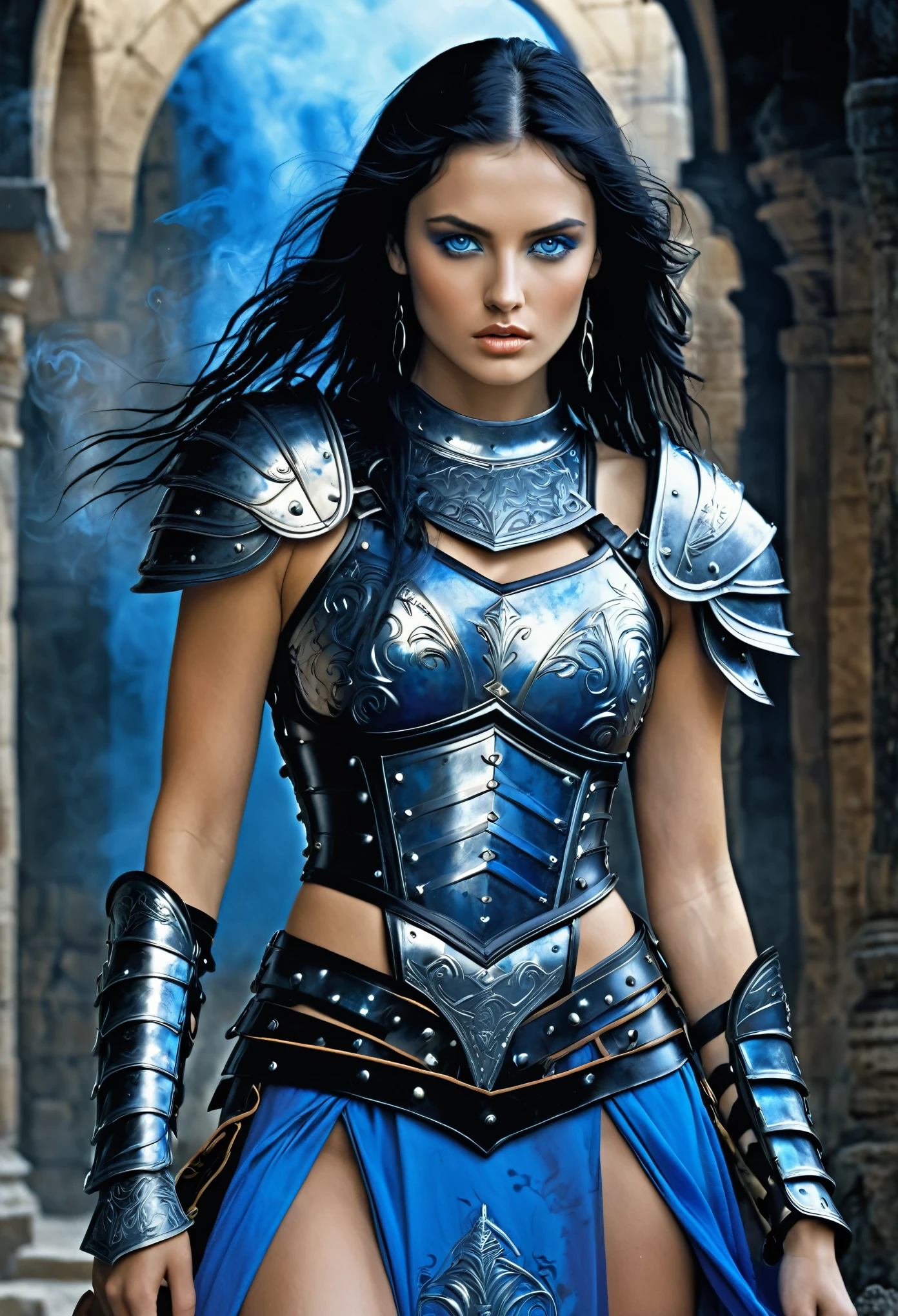 albrecht durer meets Luis Royo-inspired style, visualize a (((petite female gladiator))) with a (((petite body))), (((very long, messy, black hair))), (((dark, mysterious, blue eyes))), dressed in a (((vivid, legendary, 16K, hyper-detail sexy body armor dress))), embodying a (((fantastic, full-body aesthetic))) against a backdrop of (((swirling, hyper-detailed smoke))).