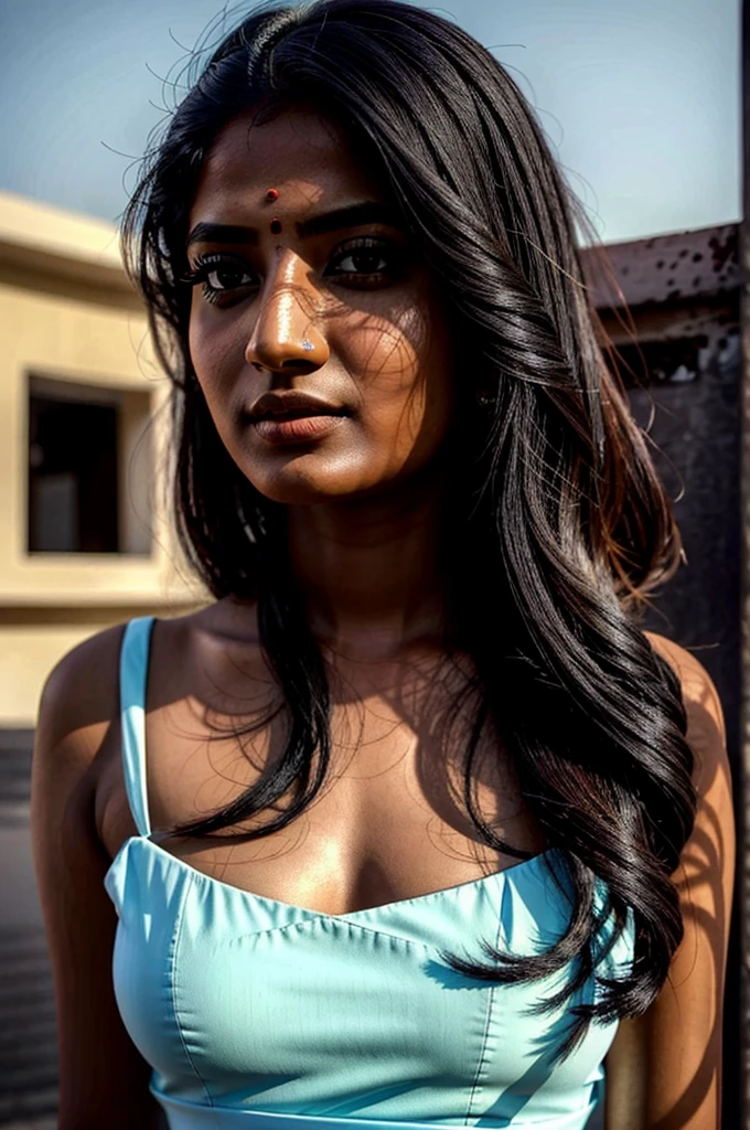 An Indian woman, instagram photo, front shot, portrait image of a 24 y.o woman, wearing fashion dress, beautiful face, cinematic shot,[lora:sunAndShadow_v10:0.7](lora:sunAndShadow_v10:0.7)