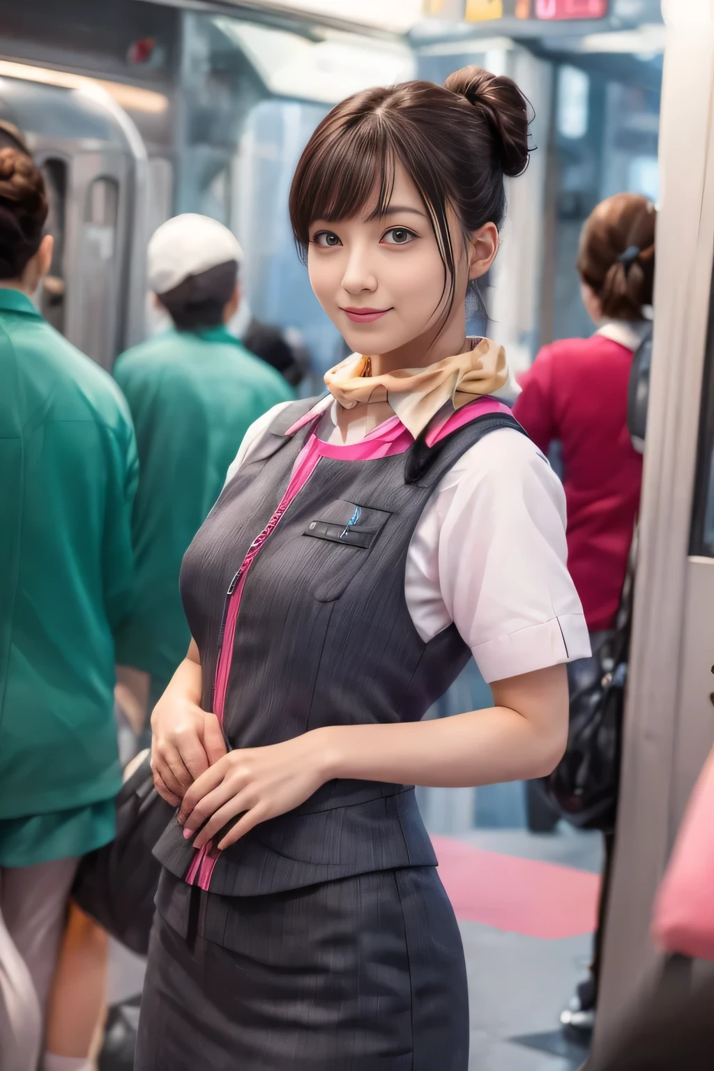 (masterpiece:1.2, Highest quality:1.2), 32k HDR, High resolution, (alone、One girl)、(At the station platform、Professional Lighting)、Empty train station platform background、(Realistic style of JR Gran Class crew uniform)、Short sleeve blouse、a scarf around the neck、(JR Gran Class flight attendant uniform with pink parts on the skirt sleeves)、(The uniform of a flight attendant in JR Gran Class has a pink line on the front zipper of the vest.)、Dark brown hair、(Chignon、Hair tied up)、Dark brown hair、Long Shot、Big Breasts、((Great hands:2.0)),((Harmonious body proportions:1.5)),((Normal limbs:2.0)),((Normal finger:2.0)),((Delicate eyes:2.0)),((Normal eyes:2.0)))、Big Breasts、Luxury Necklace、smile、Beautiful standing posture,Place your hands around your stomach